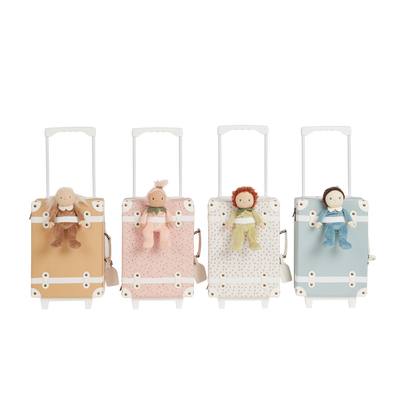 Kids travel suitcase in mushroom print. The perfect kids suitcase for holidays with compartments for dolls and trinkets.