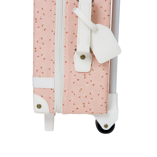 The ultimate kids travel suitcase. Pink daisies print suitcase for kids holidays, with straps to carry their favourite doll / toy.