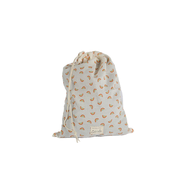 Cotton Gift Bag - Rainbow by Olli Ella Home featuring a soft cotton drawstring design with a playful rainbow print for gifting and storing dolls