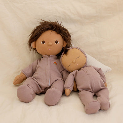Dozy Dinkum Pip - Lavender soft baby doll cuddling beside another doll in matching lavender outfits from Dinkum Dolls by Olli Ella