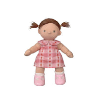 Plush doll with a pink checkered dress on a white background