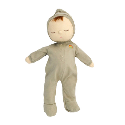 Dozy Dinkums - Pickle soft baby doll in a sage green sleepsuit with closed eyes and rainbow detail by Dinkum Dolls by Olli Ella