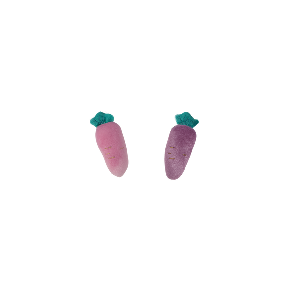 Two purple carrot-shaped toys with green tops on a white background