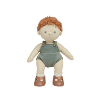 Dinkum Dolls - Pea soft doll with curly red hair wearing sage green overalls and brown boots for imaginative play
