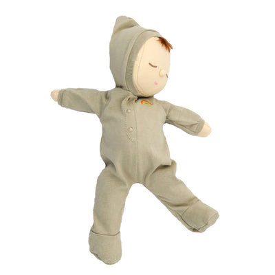 Dozy Dinkums - Pickle soft baby doll in a sage green hooded romper with a sleepy face and posable design by Dinkum Dolls by Olli Ella