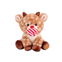 Fluffy plush reindeer with fawn fur and cream spots, a red nose, a smiling cream muzzle, short brown corduroy antlers and hooves, and an embroidered paw-and-rainbow motif on one foot, sitting beside a red and white striped hat.