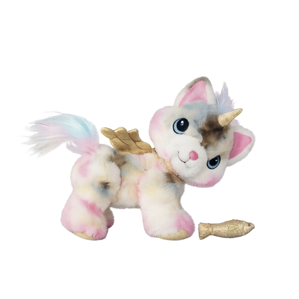 Plush toy dragon with pink and white color scheme on a white background