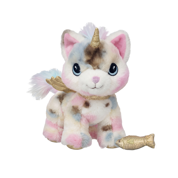 Stuffed animal toy with unicorn and cat design on a white background