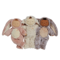Cozy Dinkums - Bunny Muffin by Dozy Dinkums shown with three soft bunny dolls in pink cream and grey cuddled together