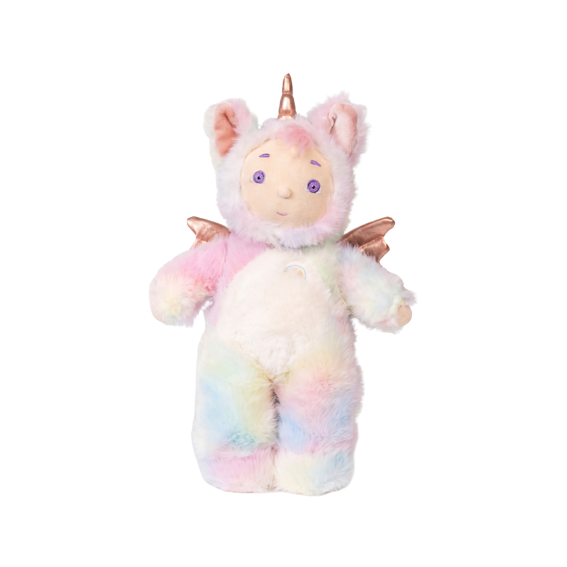 Cozy Day Dinkum - Sunbeam pastel unicorn soft doll with fluffy white and rainbow fur pink wings and a golden horn by Cozy Day Dinkums