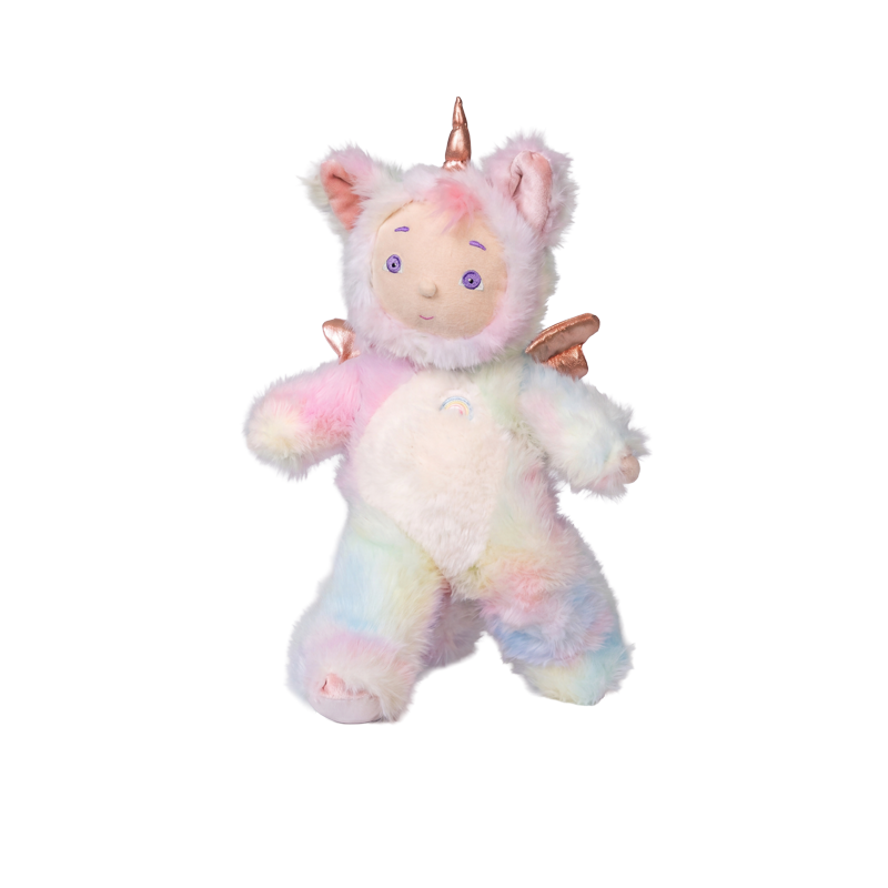 Cozy Day Dinkum - Sunbeam soft unicorn plush doll with pastel rainbow fur wings and a golden horn from Cozy Day Dinkums