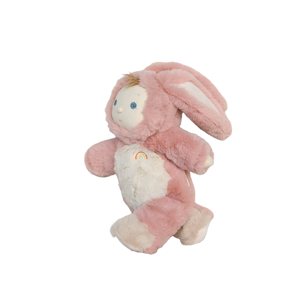 Pink plush toy with a baby face and bunny ears on a white background