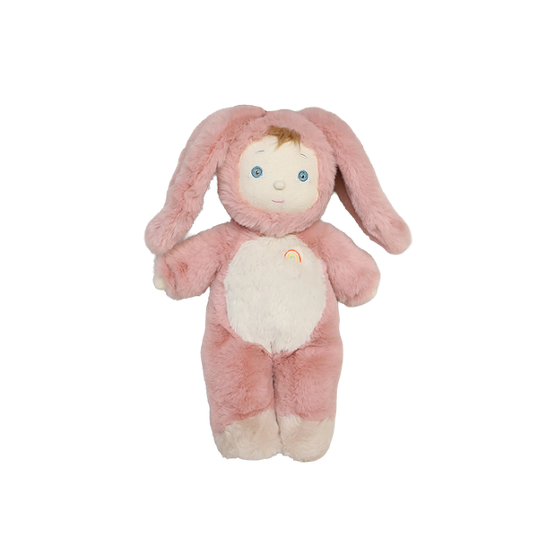 Pink plush toy with bunny ears on a white background