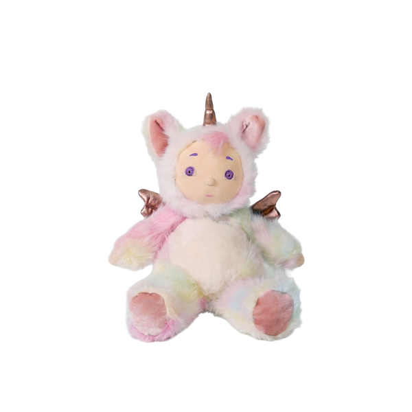 Plush toy unicorn with rainbow fur on a white background