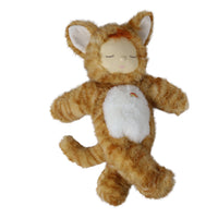 A plush cat toy with orange tabby fur, a white belly patch, and a small rainbow detail on the chest, shown against a plain white background.