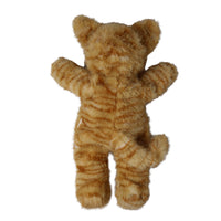 An orange tabby striped plush toy bear, photographed from the back against a solid white background.