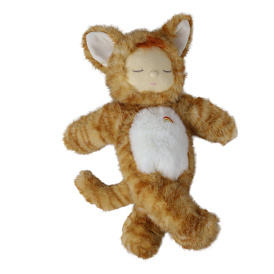 A plush cat toy with orange tabby fur, a white belly patch, and a small rainbow detail on the chest, shown against a plain white background.