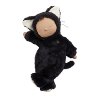 A black cat plush doll wearing a black cat costume with white inner ears and white paw pads, shown against a plain white background.