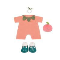 Dinkum Peach Dress-up Set with peach romper green leaf collar teal doll shoes peach plush fruit and leaf ring by Dinkum Dolls by Olli Ella