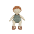 A soft, plush Dinkum Doll with posable arms, legs, and head, wearing a green outfit and brown shoes.
