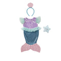 A mermaid costume set for kids featuring a lavender and blue sequined tail dress with mint green ruffle sleeves, a pink sequined tail, a light blue mermaid headband with a pink shell topper, and a small white starfish accent.