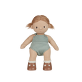 Dinkum Dolls - Gigi soft doll with golden hair wearing a sage green romper and brown shoes for imaginative play