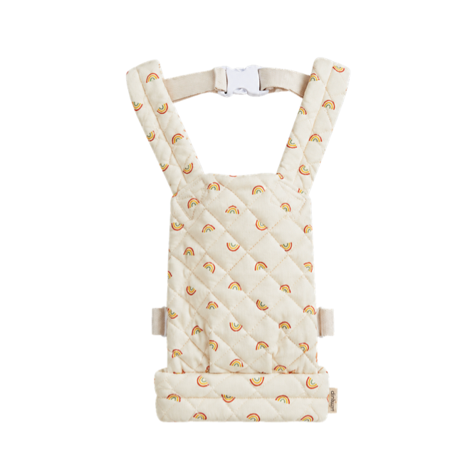 A quilted baby carrier seat pad with a repeating rainbow pattern on a cream background, shown against a plain white background.