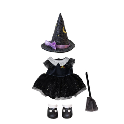 A children's Halloween outfit set on a plain white background, including a black glittery witch hat with a purple bow and gold moon detail, a black dress with a white ruffled collar and small gold accent, black shoes with white trim, and a black broom.