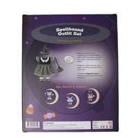 The back of a 'Spellbound Outfit Set' retail box, featuring a purple background with illustrations of a witch's outfit, broom, candy corn, and small character figures.