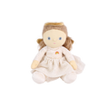 Plush doll dressed as an angel, with fluffy light-brown hair in pigtails, embroidered blue eyes, a gold velvet halo and wings, a cream velvet top with a small rainbow patch, a cream tulle skirt with gold glitter dots, and cream booties.