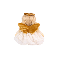 Plush doll dressed as an angel, with fluffy light-brown hair in pigtails, embroidered blue eyes, a gold velvet halo and wings, a cream velvet top with a small rainbow patch, a cream tulle skirt with gold glitter dots, and cream booties.