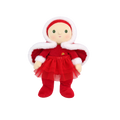 Plush doll with red hair, embroidered green eyes and rosy cheeks, wearing a red velvet hooded cape with white fluffy trim over a red outfit with a tulle skirt, white fluffy cuffs and a small rainbow patch on the chest.