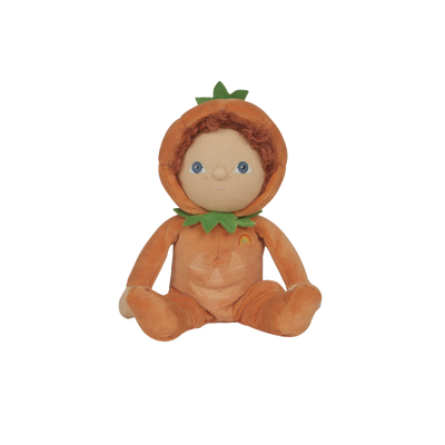 Plush toy dressed as a pumpkin on a white background