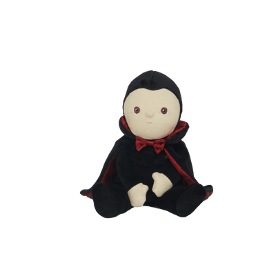 Stuffed toy with a black hood and red trim on a white background