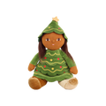 Plush doll with long dark brown hair and embroidered brown eyes, dressed as a Christmas tree in a green tiered, scalloped dress with gold wavy stitching and red and yellow bauble dots, a matching hood topped with a gold star, and gold velvet boots.