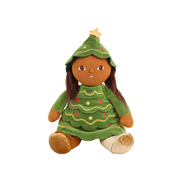 Plush doll with long dark brown hair and embroidered brown eyes, dressed as a Christmas tree in a green tiered, scalloped dress with gold wavy stitching and red and yellow bauble dots, a matching hood topped with a gold star, and gold velvet boots.