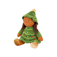 Plush doll with long dark brown hair and embroidered brown eyes, dressed as a Christmas tree in a green tiered, scalloped dress with gold wavy stitching and red and yellow bauble dots, a matching hood topped with a gold star, and gold velvet boots.