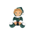 Plush doll with curly golden hair and embroidered green eyes, dressed as a Christmas elf in a dark green velvet suit and pointed hat with white fluffy trim, a brown belt, and a small rainbow patch on the chest.