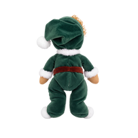 Plush doll with curly golden hair and embroidered green eyes, dressed as a Christmas elf in a dark green velvet suit and pointed hat with white fluffy trim, a brown belt, and a small rainbow patch on the chest.