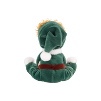 Plush doll with curly golden hair and embroidered green eyes, dressed as a Christmas elf in a dark green velvet suit and pointed hat with white fluffy trim, a brown belt, and a small rainbow patch on the chest.