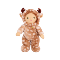 Plush doll in a fluffy fawn-print deer suit with cream spots, small brown velvet antlers and soft ears, a smooth fabric face with embroidered green eyes, and a tiny rainbow patch on the chest.