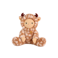 Plush doll in a fluffy fawn-print deer suit with cream spots, small brown velvet antlers and soft ears, a smooth fabric face with embroidered green eyes, and a tiny rainbow patch on the chest.
