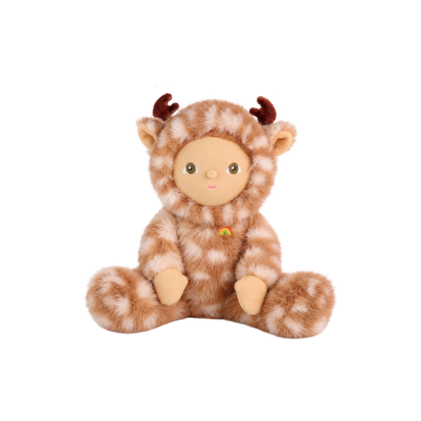 Plush doll in a fluffy fawn-print deer suit with cream spots, small brown velvet antlers and soft ears, a smooth fabric face with embroidered green eyes, and a tiny rainbow patch on the chest.