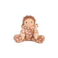 Plush doll in a fluffy fawn-print deer suit with cream spots, small brown velvet antlers and soft ears, a smooth fabric face with embroidered green eyes, and a tiny rainbow patch on the chest.