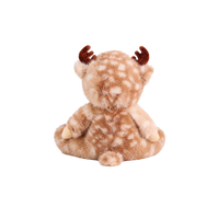 Plush doll in a fluffy fawn-print deer suit with cream spots, small brown velvet antlers and soft ears, a smooth fabric face with embroidered green eyes, and a tiny rainbow patch on the chest.