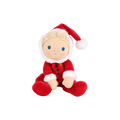 A plush baby doll dressed in a red Santa suit with white faux-fur trim, a red Santa hat with a white pom-pom, and blonde hair, seated against a plain white background.