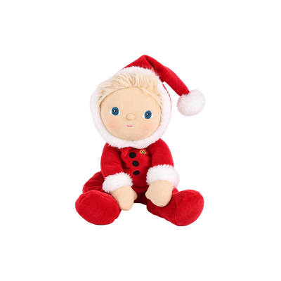 A plush baby doll dressed in a red Santa suit with white faux-fur trim, a red Santa hat with a white pom-pom, and blonde hair, seated against a plain white background.