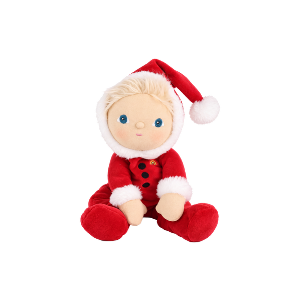 A plush baby doll dressed in a red Santa suit with white faux-fur trim, a red Santa hat with a white pom-pom, and blonde hair, seated against a plain white background.