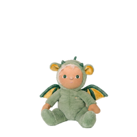 Plush toy dragon with a baby face on a white background