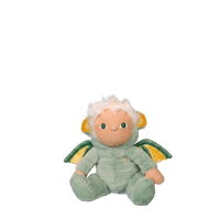 Plush toy resembling a dragon with green and yellow colors on a white background